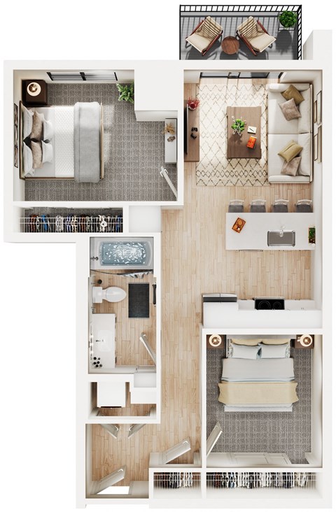 a floor plan of a two bedroom apartment with two bathrooms and a balcony